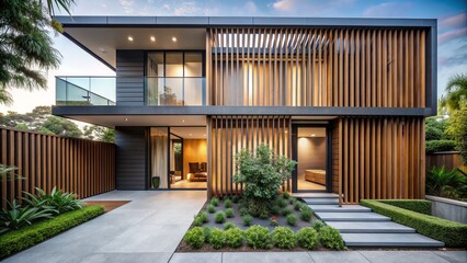 Fototapeta premium Contemporary residence boasts a sleek facade with vertical wooden slats, expansive windows, and a serene zen-inspired front garden oasis.