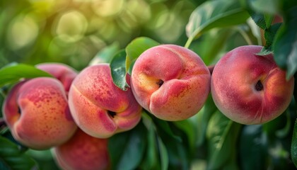 Obraz premium Peaches on the tree, close-up, high definition photography, high resolution, In sharp focus against a blurred background, fantasy, magical, photography, Close-up photo of an elegant and delicate primr
