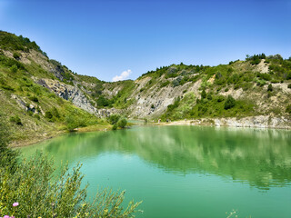A wonderful landscape in the Carpathian mountains with a view of the lake between the rocks in...