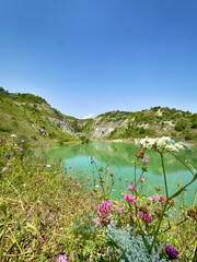 A wonderful landscape in the Carpathian mountains with a view of the lake between the rocks in...