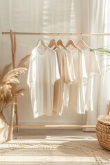 T-shirts in soft pastel Scandinavian color hang from a minimalist clothing rack in a light-filled room, luxury shop decoration