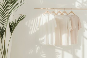 T-shirts in soft pastel Scandinavian color hang from a minimalist clothing rack in a light-filled room, luxury shop decoration