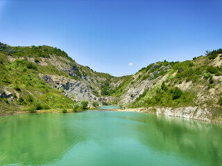 A wonderful landscape in the Carpathian mountains with a view of the lake between the rocks in...
