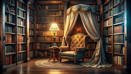 Intimate, dimly lit reading nook with plush armchair, velvety canopy, and floor-to-ceiling shelves stacked with worn adventure and mystery novels.
