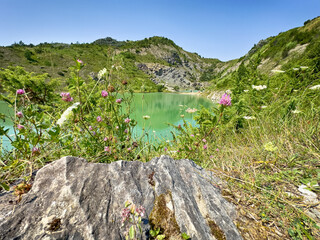 A wonderful landscape in the Carpathian mountains with a view of the lake between the rocks in...