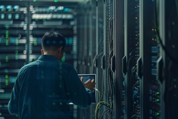 Man working with a laptop and looking at a server rack full of super speed warehouse equipment. IT engineer with tablet in server room