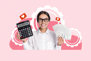 Composite photo collage of happy girl accountant hold calculator banknotes profit gearwheel heart blog isolated on painted background