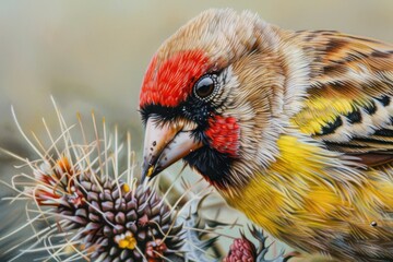 A detailed close-up of a goldfinch feeding on thistle seeds, with its vibrant red face and yellow wings. 