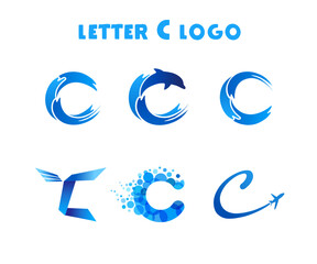 Naklejka premium C letters logo, travel concept with water, waves, dolphin and plane sign. Tourism company or expedition branding concept. Vector illustration