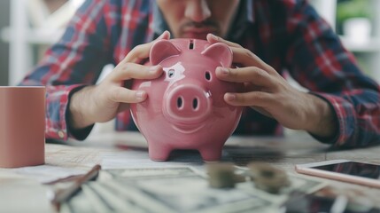 Obraz premium Close up focus on piggybank on table, young man feeling stressed calculating expenditures or taxes, managing future payments or planning investments