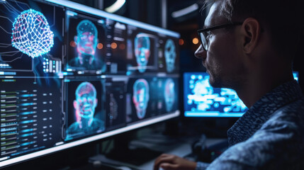 Detailed view of AI image generation software, man using it to create digital art