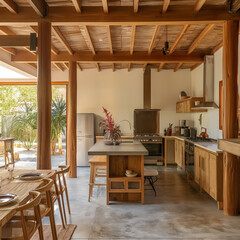 Fototapeta premium Open kitchen with wooden columns. Ai generated