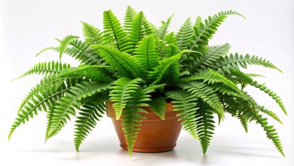 Lush green leaves of a beautiful potted fern plant sprawl outward in intricate patterns on a clean white background.