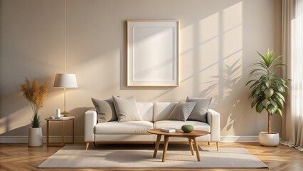 Fototapeta premium A sleek, modern, empty, white poster frame hangs on a light beige wall, illuminated by soft, natural morning sunlight in a cozy living room.
