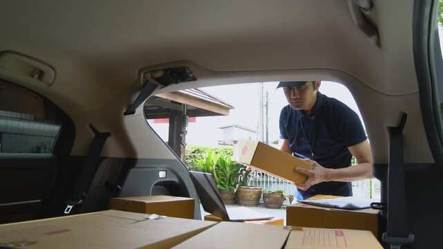 Delivery Man, Asian person uses laptop to check parcel list, send to customer, concept of delivery and home delivery service.