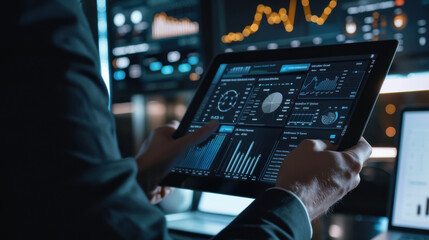 Digital interface showing customer relationship metrics, businessman analyzing data on a tablet