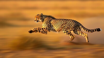 Cheetah sprinting at full speed during a hunt on the african plains, bathed in the warm glow of the setting sun