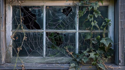 An old barn window adorned with spider webs and ivy