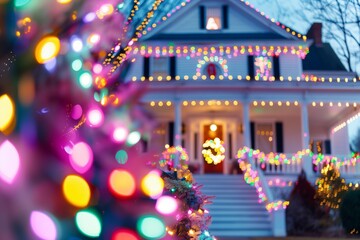 late evening showing a typical American mansion decorated with many colorful lights garlands with light decorations in front of the house for Christmas
