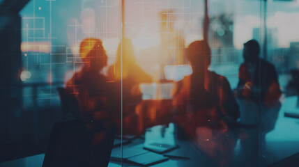 Business Team Meeting in Modern Office with Technology Overlay