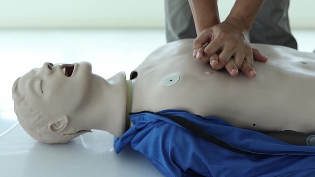 A person performs hands-on CPR chest compressions on a mannequin, demonstrating vital life-saving techniques in a medical training environment. Slow motion.