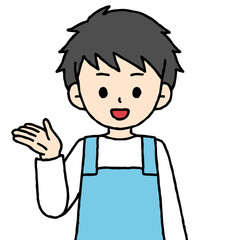 男性の保育士が案内をしている