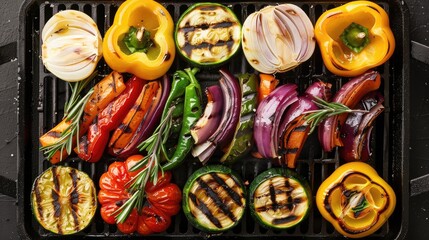Fototapeta premium Top view of colorful grilled vegetables on a barbecue pan