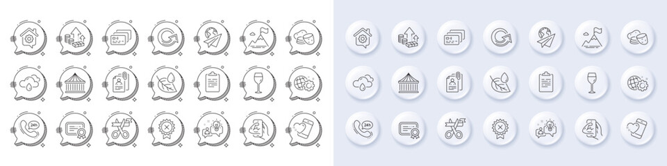 Work home, Leaf dew and Certificate line icons. White pin 3d buttons, chat bubbles icons. Pack of Reject medal, Card, Inflation icon. Fitness, Wine glass, Potato pictogram. Vector