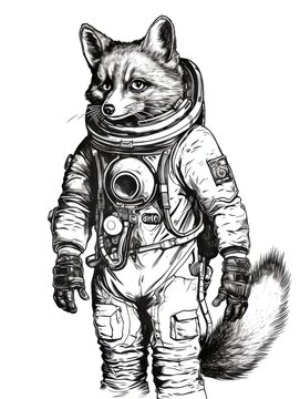 recommend clip art: Black and white Vintage engraved art of a fox in an astronaut suit, isolated on white background, ink sketch illustration, simple vector art design, highly detailed line art, high contrasty 