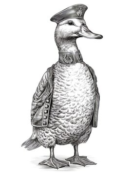 recommend clip art: Black and white Vintage engraved art of a duck in a sailor outfit, isolated on white background, ink sketch illustration, simple vector art design, highly detailed line art, high contrasty