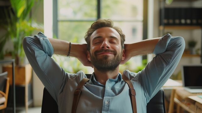 Relaxed man take break from work put hands behind head lean on comfy chair closing eyes feels serenity, enjoy fresh conditioned air in modern office, no stress, fatigue relieve at workplace