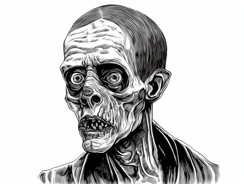 recommend clip art: Black and white Vintage engraved art of a ghoul isolated on white background, ink sketch illustration, simple vector art design, highly detailed line art, high contrasty 