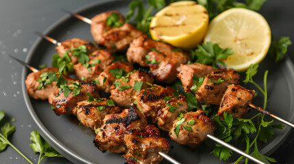 Fototapeta premium Black plate featuring close-up of grilled chicken skewers, garnished with parsley and accompanied by dipping sauce. 