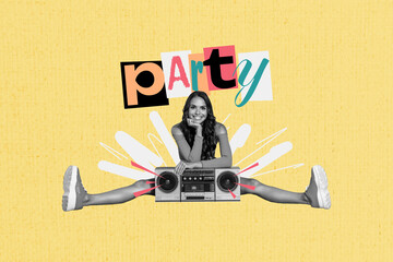 Composite photo collage of happy girl sit boombox party stereo sound weekend occasion vintage event...