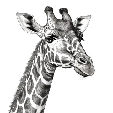 recommend clip art: Black and white Vintage engraved art of a giraffe with earrings, isolated on white background, ink sketch illustration, simple vector art design, highly detailed line art, high contrasty.