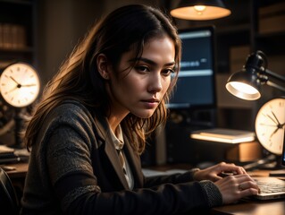 Pensive girl sitting in the office at a laptop