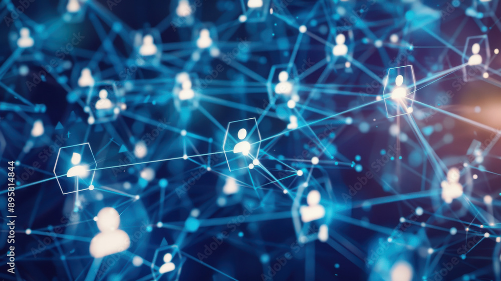 Poster digital organization with interconnected team members working remotely, global communication network