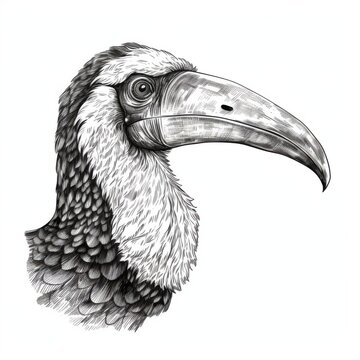 recommend clip art: Black and white Vintage engraved art of a hornbill isolated on white background, ink sketch illustration, simple vector art design, highly detailed line art, high contrasty.