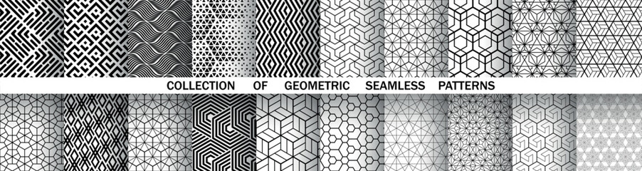 Geometric set of seamless black and white patterns. Simple vector graphics.