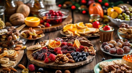 Deluxe Breakfast Assortment Featuring Dried Fruits and Nuts on a Wooden Table