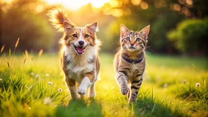 Obraz premium Adorable canine and feline friends, tails held high, run side by side in perfect harmony on a sunny meadow background.