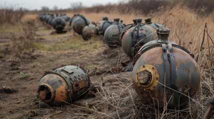 Anti personnel and anti tank mines on display in a minefield