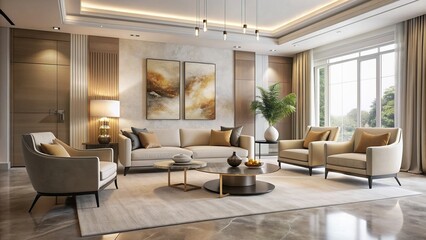 Elegant beige living room features armchairs, sophisticated art decor, and a sleek light concrete floor that elevates the space's refined ambiance.