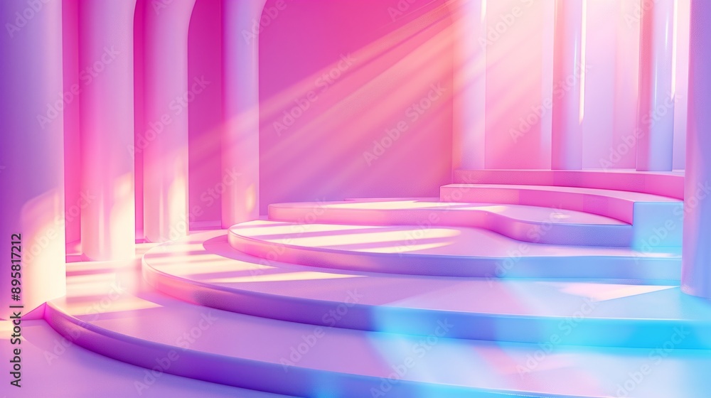 Poster digital mockup of a cyclorama with a rainbow gradient background and a staircase stage lit with soft
