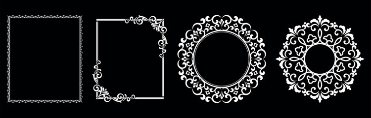 Set of decorative frames Elegant vector element for design in Eastern style, place for text. Floral black and white borders. Lace illustration for invitations and greeting cards.
