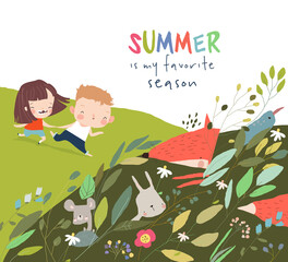 Cartoon Summer Illustration with Happy kids and Animals in Plants. Vector Illustration