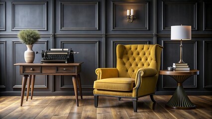 Luxurious dark-toned designer living room featuring a vibrant yellow armchair and a vintage retro typewriter on a wooden desk.