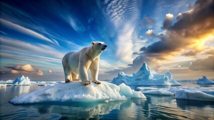 Majestic polar bear stands alone on a fragmented iceberg, surrounded by Arctic waters, under a serene blue and white sky.