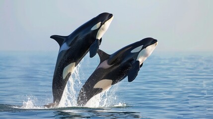 Obraz premium Killer Whale Orcinus orca Mother and Calf Jumping