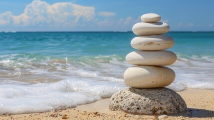 Fototapeta premium Rocks stacked on a pristine sandy shore